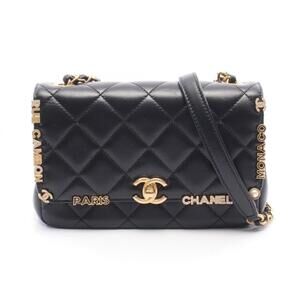 Chanel Mini Flap Handbag, Matelassé Shoulder Bag, Leather Women's, Black, AS3731
